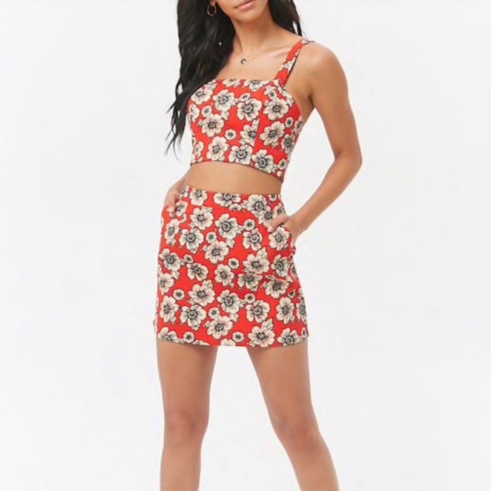Forever 21 Red Floral 2-Piece Set Skirt Crop Top